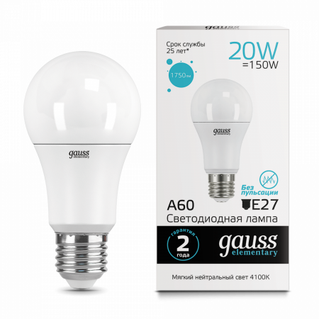 Лампа светодиодная Gauss Elementary LED 20вт 230в 4100K Е27 белый  23229