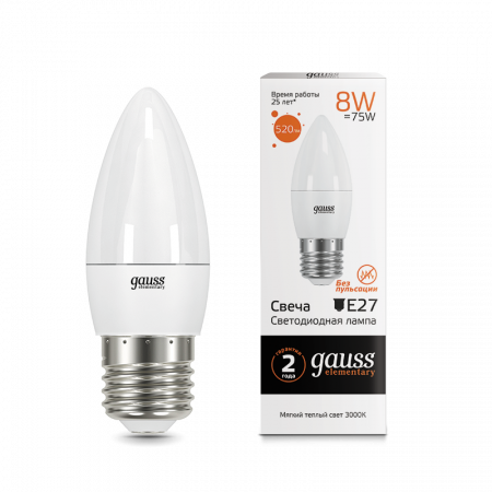 Лампа светодиодная Gauss Elementary свеча LED 12вт 230В 3000K Е27 теплый  30212
