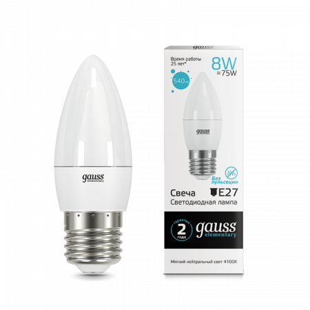 Лампа светодиодная Gauss Elementary свеча LED 12вт 230В 4100К  Е27 белый  30222