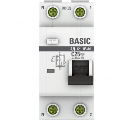 Выключатель автоматический EKF Basic дифферен. 25А 1P+N 30мА тип АС х-ка C эл. 4,5кА АД-12