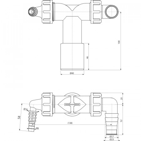 Колено с двумя штуцерами DN40/32 / 8–23 с обр. клапанами P156Z ALCAPLAST
